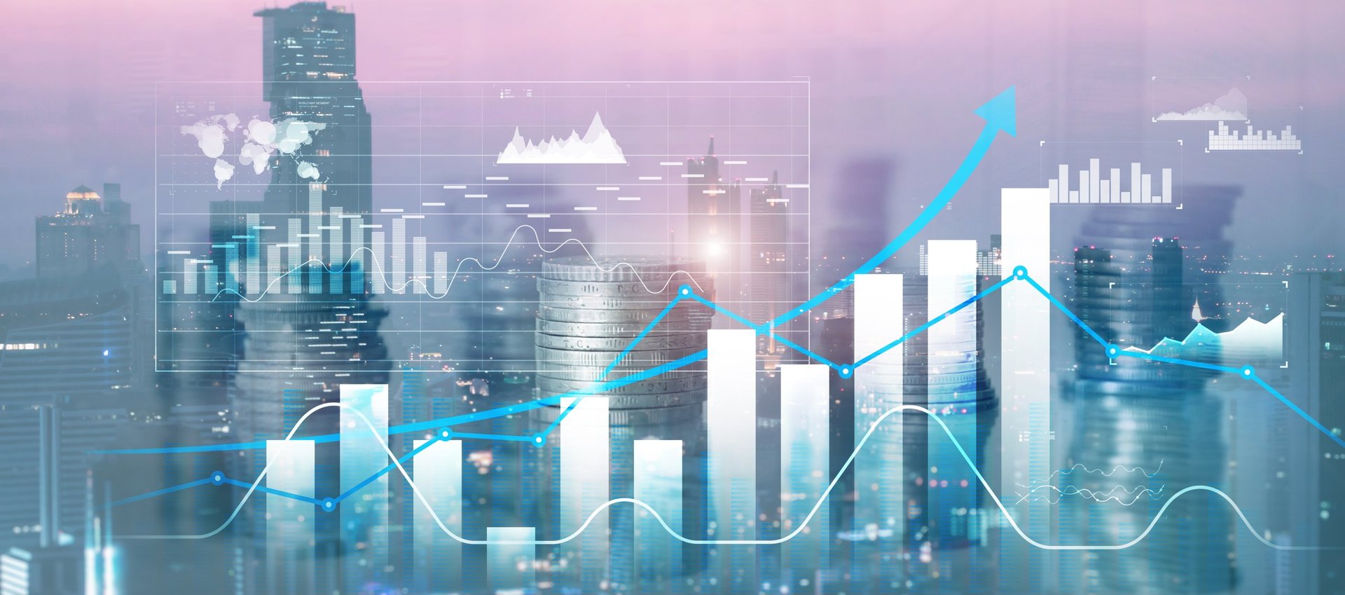 Graph showing financial growth against blurred city skyline