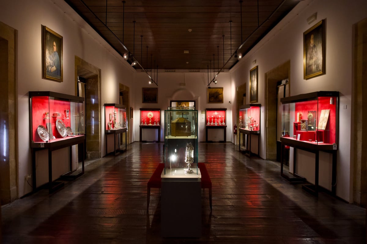 Museum exhibition hall with illuminated display cases
