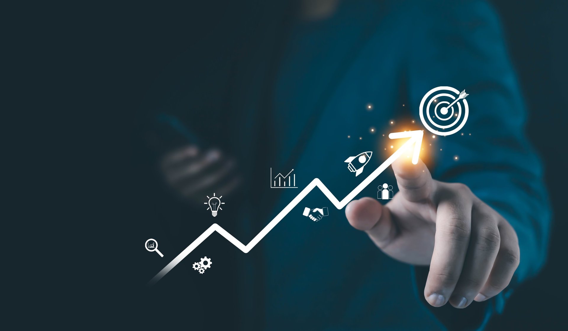 Businessman touching a glowing upward arrow with strategy icons