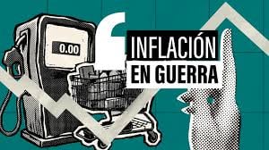 Graphic showing a gas pump with 0.00 display and shopping cart, illustrating the Spanish concept of inflacion en guerra or inflation during war