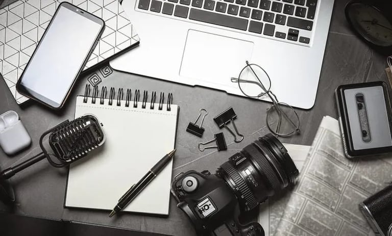 Flat lay of creative workspace with camera, laptop, smartphone, notebook, glasses, and office supplies on gray surface