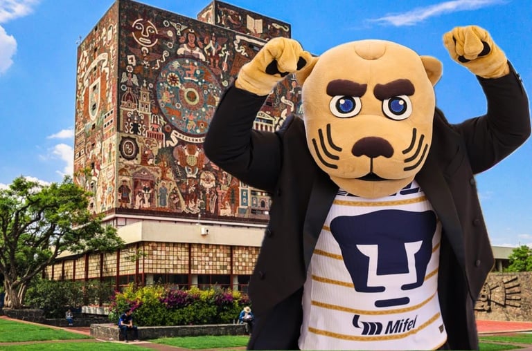 Puma mascot with raised fists in front of ornate library building