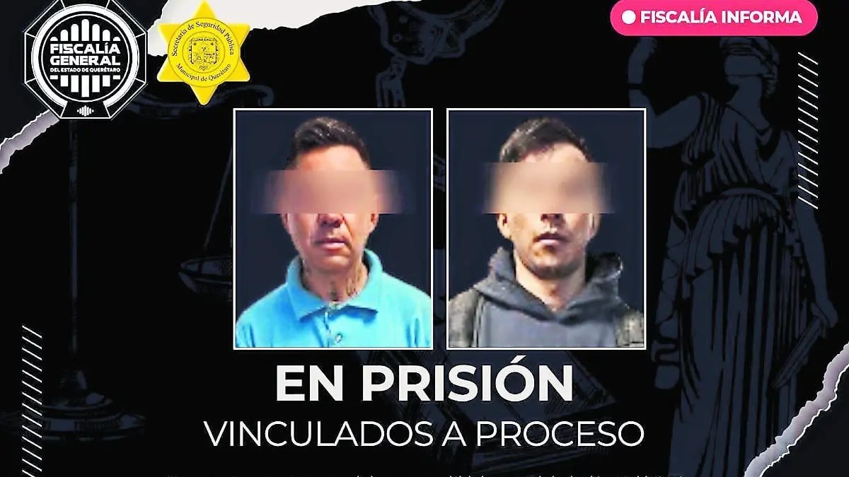 Two mugshots of men in custody with faces blurred. Text reads EN PRISIÓN VINCULADOS A PROCESO with Fiscalía Informa logo.